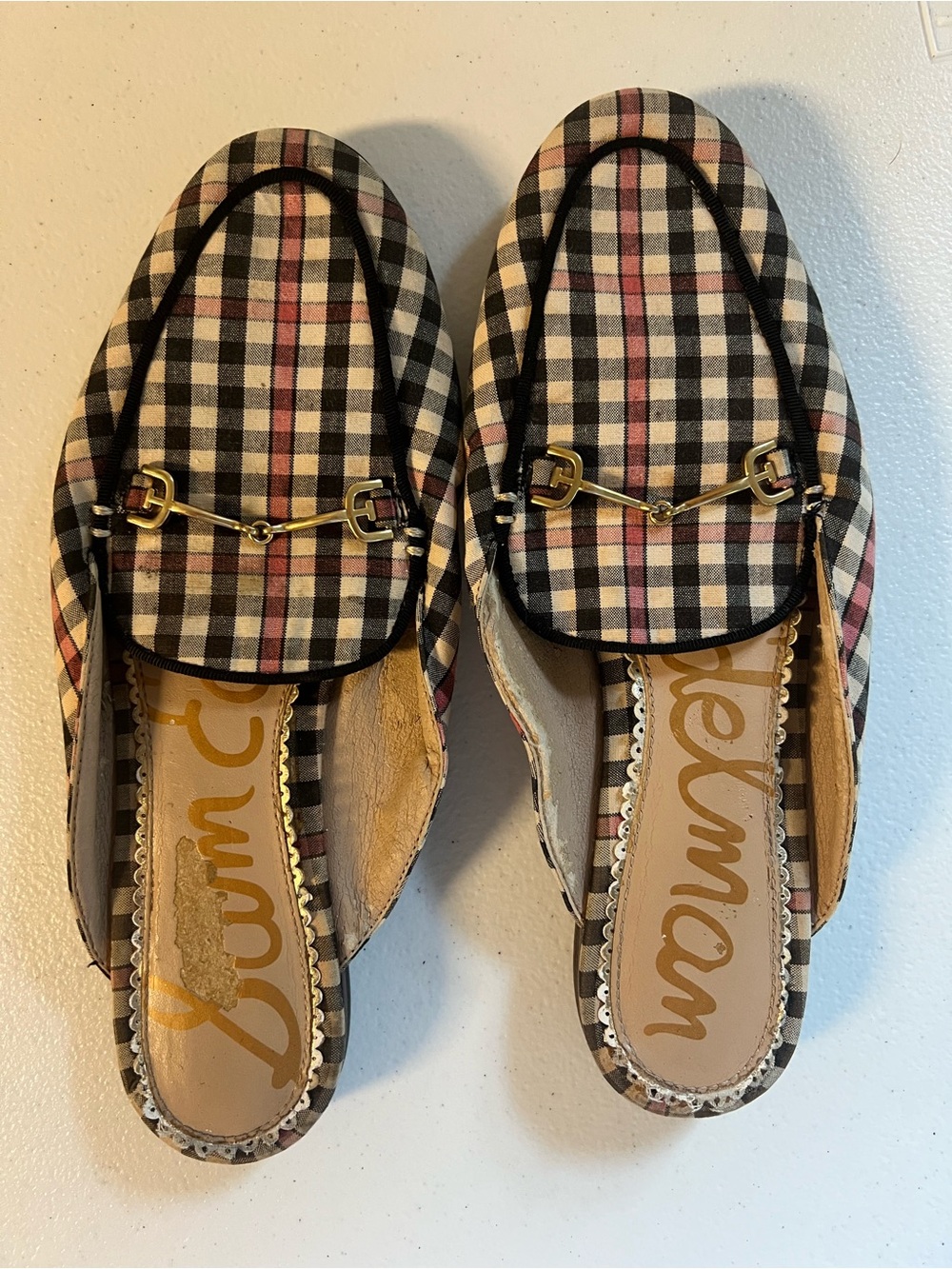 Sam Edelman Plaid Slip-On Mules in Black, Beige, Red size 6